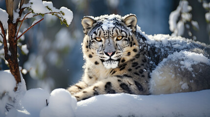 Snow leopard with long taill, sitting in nature stone rocky mountain habitat