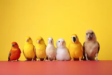 Fototapeten Colorful budgerigars, lovebirds, and a domestic canary in a birdcage, displaying the beauty of pet birds. © Andrii Zastrozhnov