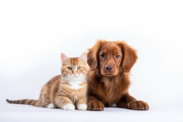An adorable pair of pets, a white kitten and a fluffy dog, sitting together in a studio portrait.
