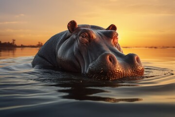 Fototapeta premium A stunning image of a hippo peacefully swimming in the water during sunset. Perfect for nature enthusiasts and wildlife lovers. 