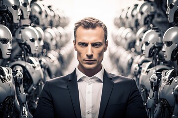 Fototapeta na wymiar A handsome young Caucasian businessman in a modern suit, exuding confidence and success in a studio portrait with robots.