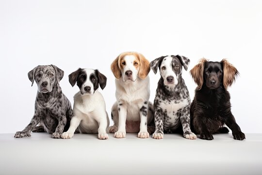 A diverse group of purebred dogs sitting together in a studio portrait, showcasing various breeds.