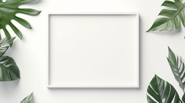 Mock up of blank picture frame with leaf on white background