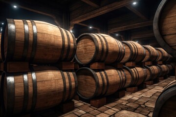 A bunch of wooden barrels stacked on top of each other. This image can be used to represent storage, winemaking, or rustic decor