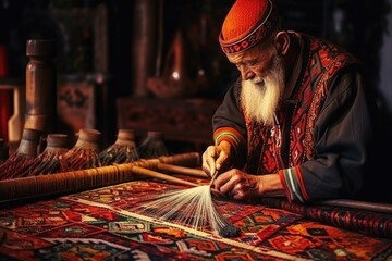 A man with a long white beard is seen weaving a piece of cloth. This image can be used to depict traditional craftsmanship or the art of textile weaving - obrazy, fototapety, plakaty