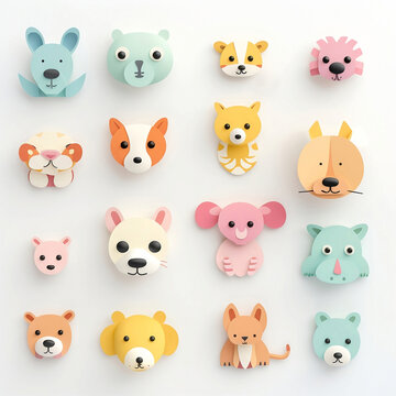Set of isolated 3d cute animals in pastel colors on white background