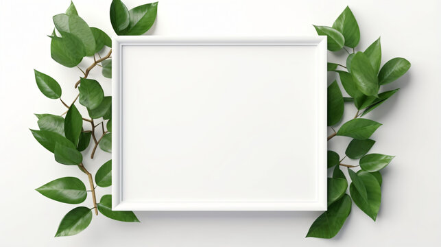 Mock up of blank picture frame with leaf on white background