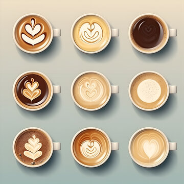 Set of Different Types of Coffee in a Cup. breakfast drinks for a shop menu or sign. Illustration design.