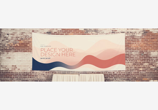 Frame Poster Billboard Mockup: White Cloth Hanging on Brick Wall with Tablescloths, Draped Table and Tablecloth
