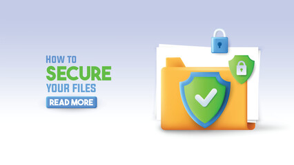 Online files protection 3d render illustration of a file folder with protection shield.
