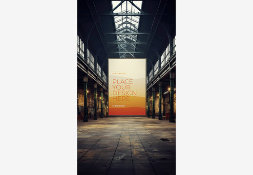 Spacious Room with Central Screen, Beamed Ceiling, and Abundant Windows, Perfect for Frame Poster Billboard Mockup