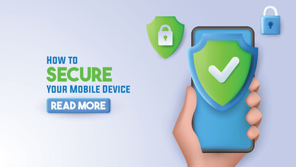 Web banner with 3d render illustration of a smartphone with protection shield 