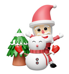 Obraz premium Santa Claus and snowman with christmas tree isolated. merry christmas and happy new year, 3d render illustration