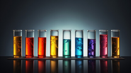 Group of test tubes with a colored reagents in a rack
