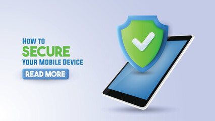 Web banner with 3d render illustration of a smartphone with protection shield 