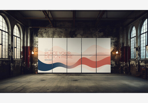 Frame Poster Billboard Mockup: Spacious Room with White Screen, Wood Floors, and Natural Light From Windows and Floor Lamp