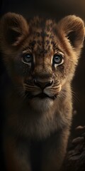 cinematic realism closeup raw artistic portrait photo of a crying red and black lion cub looking at camera mountains asymmetrical volumetric lighting from above Fantasy art octane render 16k cinema 