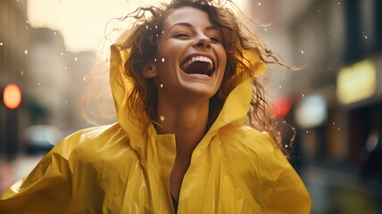 Glückliche Frau im Regen: Das Leben genießen, wie es kommt - obrazy, fototapety, plakaty