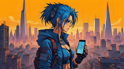 anime, cartoon, woman with cyberpunk and slightly nerdy look, with night blue hair and red halo,...
