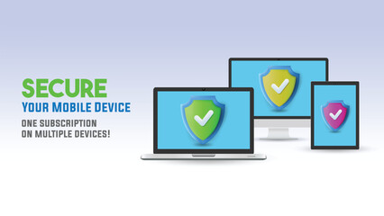 Web banner with 3d render illustration of a smart devices with protection shield 
