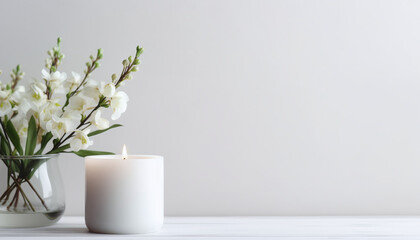 Aromatic Candle Adorning a Clean White Table, Accompanied by Vases, in a Modern Minimalist Setting
