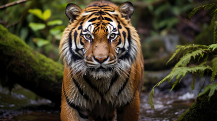 Amur tiger walking in the water. Dangerous animal, taiga, Russia. Animal in green forest stream. - obrazy, fototapety, plakaty
