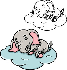 Cute cartoon elephant sleep on a cloud