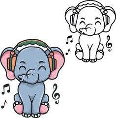 Cartoon elephant listens to music on headphones