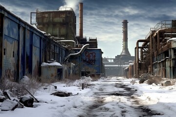 Decaying factory in Detroit, tilting winter wasteland. Generative AI