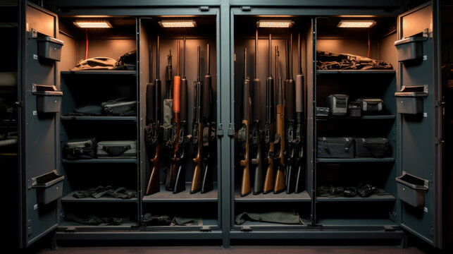 Safe for firearms. The inside of a gun cabinet. Safe storage of rifles, carbines, pistols. Black interior and gun holders. A metal gun safe. Safe storage for weapons