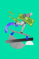 Vertical illustration collage of funky senior old businessman take his banknote riding skate his weekend isolated on green background