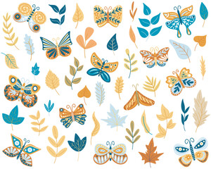 Collection exotic butterflies and twigs isolated on white background. Set tropical flying insects with colorful wings and foliage. Set rustic decorative design elements, flat vector illustration