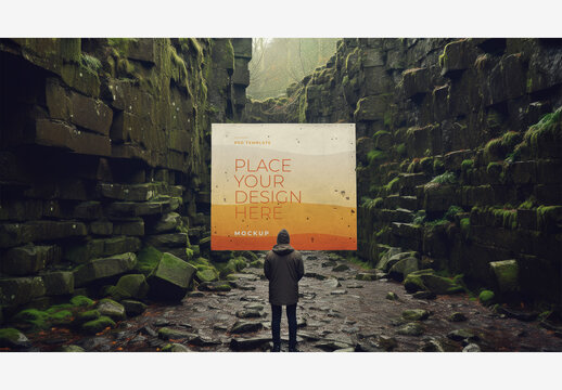 Frame Poster Billboard Mockup: Stunning Person Holding White Board in Enchanting Stone Tunnel with Mossy Ground and Rock Wall