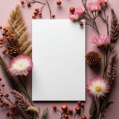 Autumn background with dried flowers, leaves and blank sheet of paper