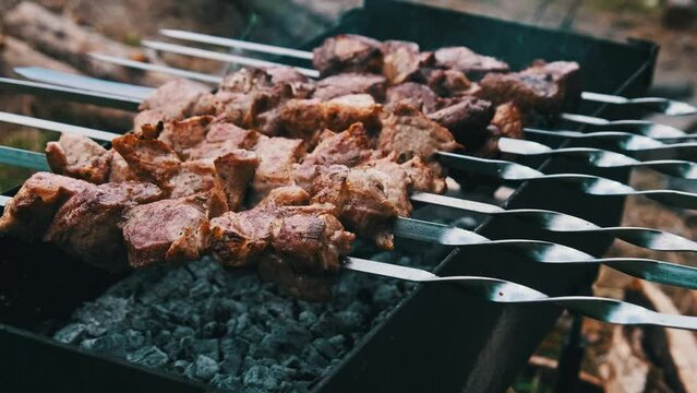 Shish kebabs on skewers are cooked on the BBQ in nature outdoors. Roasted juicy pork meat is fried on metal skewers on the grill, close-up. Barbecue on charcoal with smoke at a summer picnic. 4K