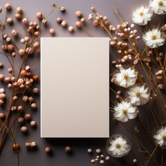 Autumn background with dried flowers, leaves and blank sheet of paper