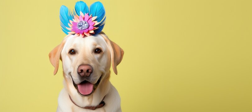 A dog with a beautiful flower crown on its head