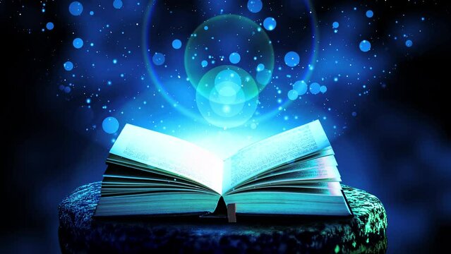 Majic Bible Book with Blue Light and Flying Particles. The Fairytale Book on Stone with Animated Background of Depth of Field.
 
