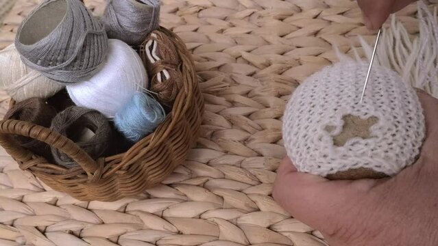 wool sweater with hole on wooden mushroom for darning, materials for repairing clothes, home needlework, Sustainable DIY Fiber Projects