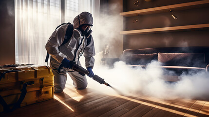 a man in a protective suit sprays the interior of an apartment with steam to combat bedbugs