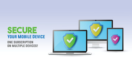 Web banner with 3d render illustration of a smart devices with protection shield 
 - obrazy, fototapety, plakaty