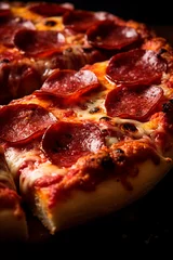 Zelfklevend Fotobehang Close - up food photography of a greasy pizza with caramelized crust topped with pepperoni and cheese © Enrique