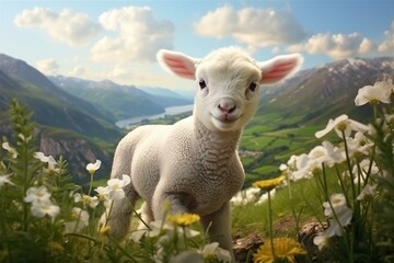 Adorable lamb with lush green scenery backdrop. Generative AI