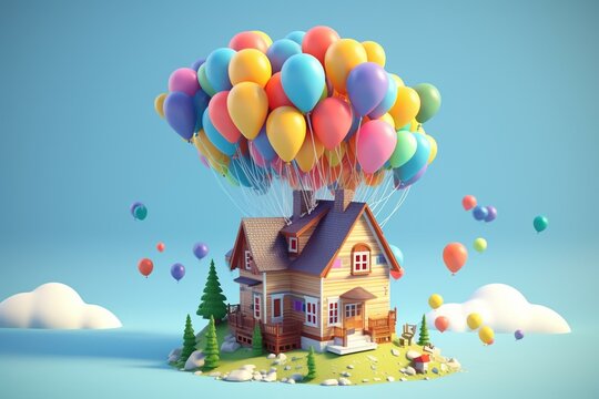A house soars with vibrant balloons and moves in an isometric 3D animation. Generative AI