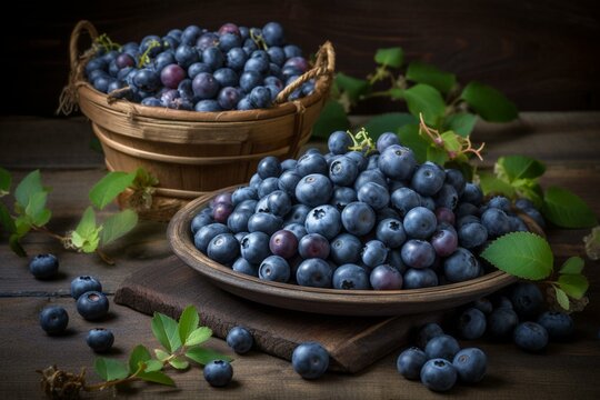 A bountiful blueberry harvest displayed on a rustic table with an abundance of fresh and colorful berries, known for their health benefits and delicious taste. Generative AI