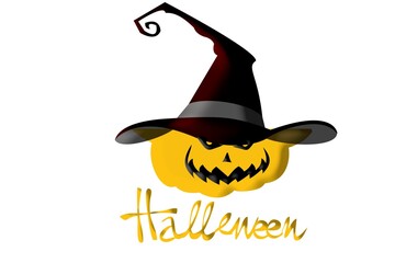 halloween pumpkin with witch hat on white background