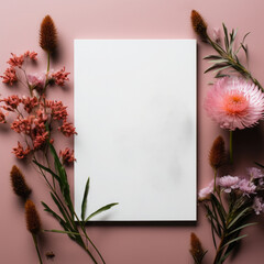 Autumn background with dried flowers, leaves and blank sheet of paper