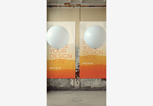 Frame Poster Billboard Mockup: Stunning Room with Peeling Paint, White Balloons, and Window - Stock Image