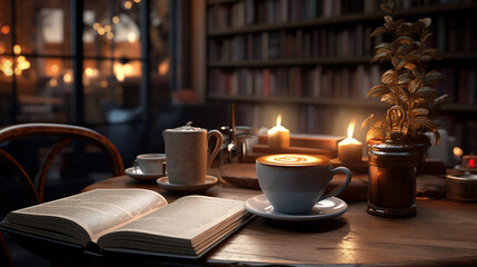 a cozy cafe on which there is a cup of coffee and an open book for reading and two lighted candles in the background in the room you can see a bookcase and a large window  - Powered by Adobe