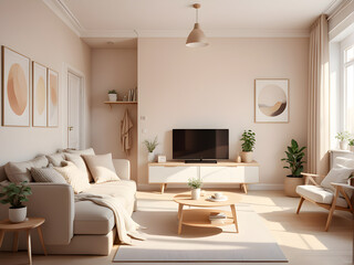 Apartment interior design in Scandinavian style and warm beige colors - 660383175